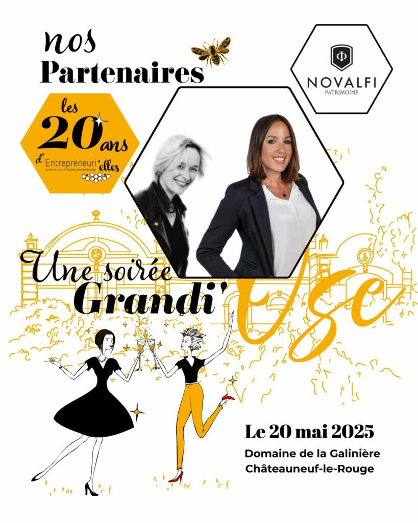 Affiche du partenariat Novalfi Partenaire et Entrepreneuri'Elles pour la soirée célébration des 20 ans d’Entrepeneuri'Elles, avec logos, portraits et illustrations festives